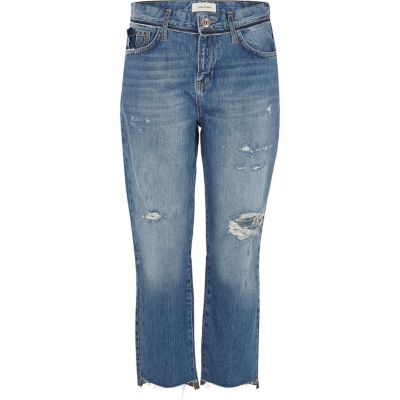 Mid blue distressed straight leg jeans